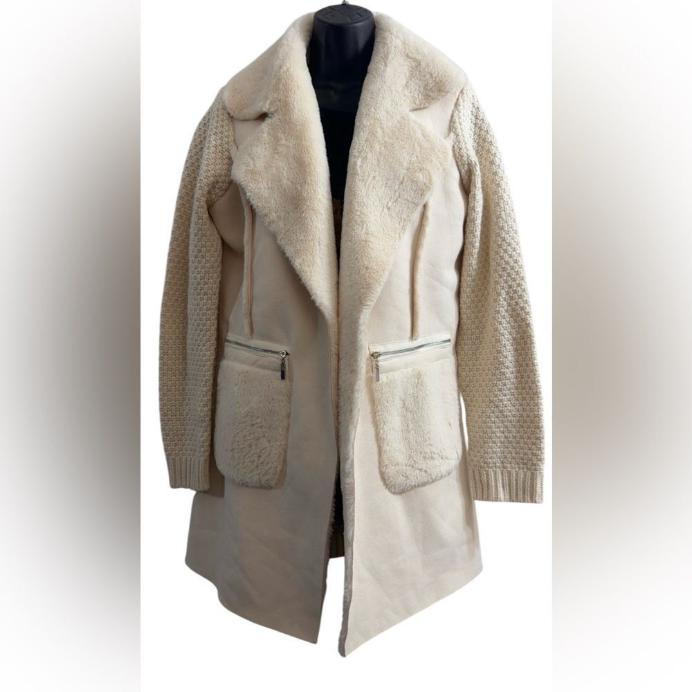 Love Token Oversized Long Faux Fur & Knit Cream Soft Jacket fits various sizes